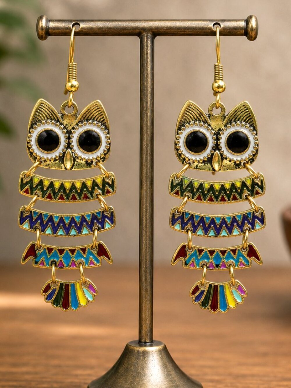 Colorful Enamel Owl Drop Earrings Gold Boho | Boutique